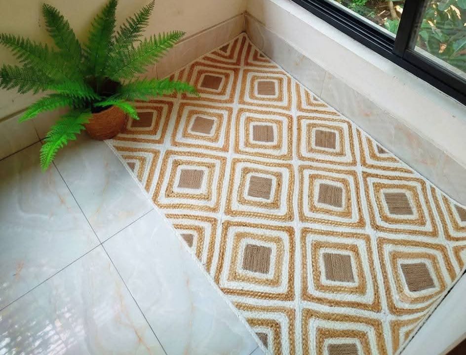 Handcrafted Braided Jute Floor Runner Rug with Navy Border by Muntaha — পণ্যের ছবি